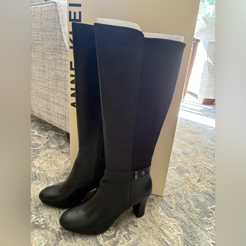 Anne Klein Black Leather Heeled Boots Wide Calf NWT